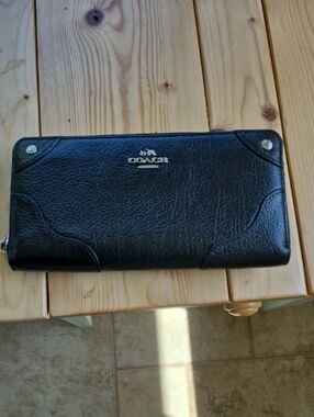 Coach Black Pebbled Leather Zip Wallet with Gold Logo